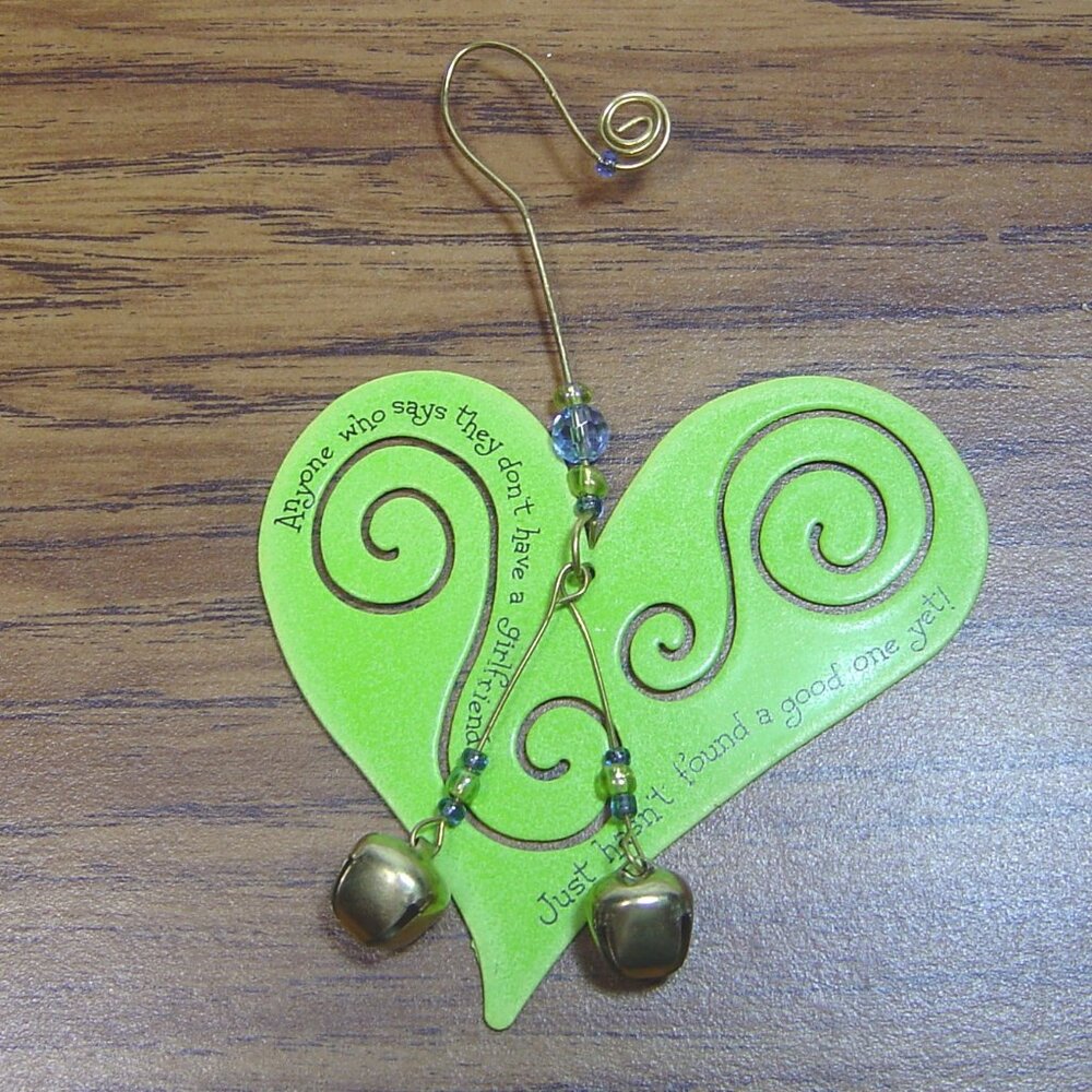 Suzy Toronto green metal heart shaped "Girlfriend" ornament